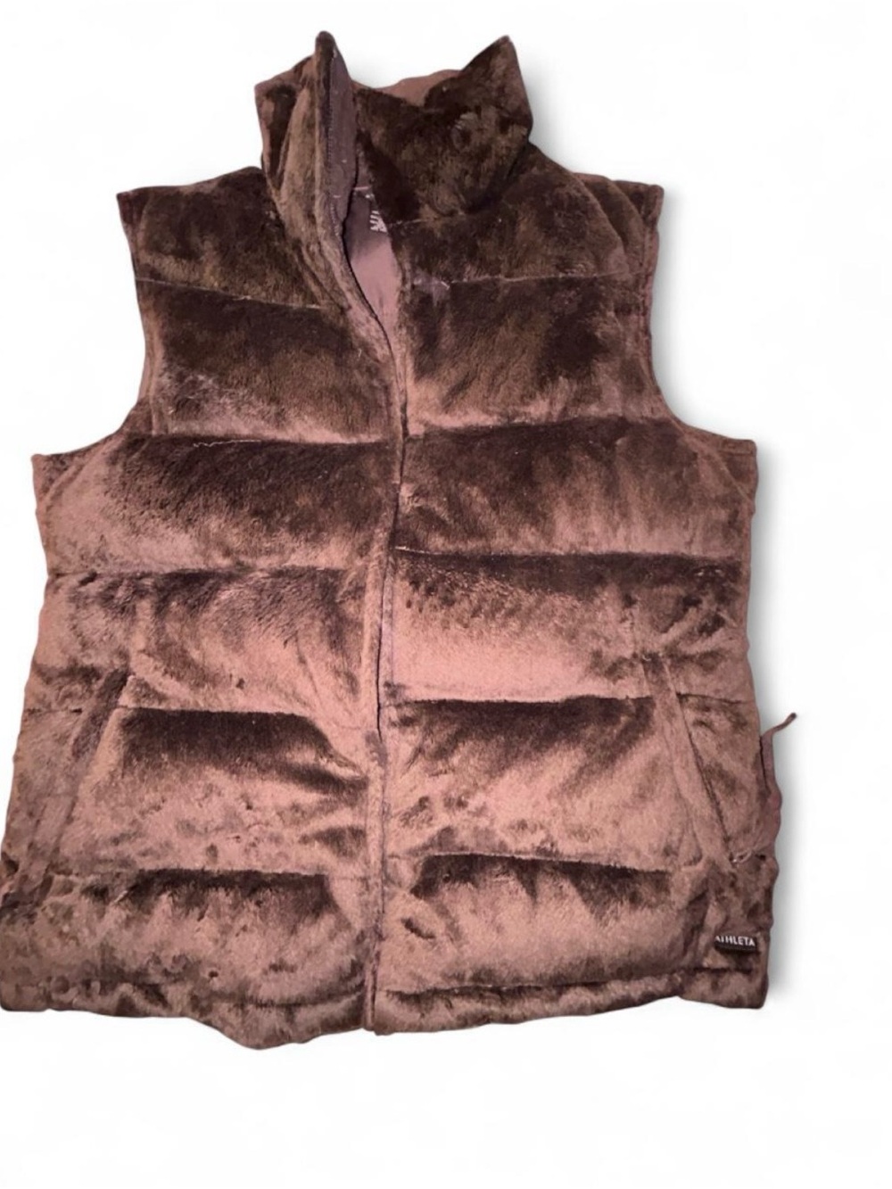Athleta Brown Faux Fur Puffer Vest Down Feather Women’s L